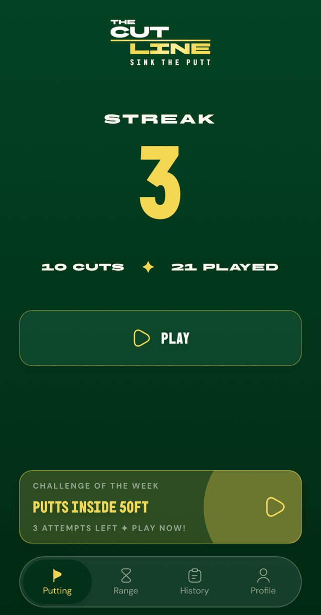 Cut Line home screen: streak of 3, ten cuts made in twenty-one rounds played