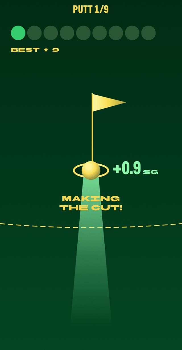 Cut Line post-shot screen: the ball rolling toward the hole, plus 0.9 strokes gained, making the cut