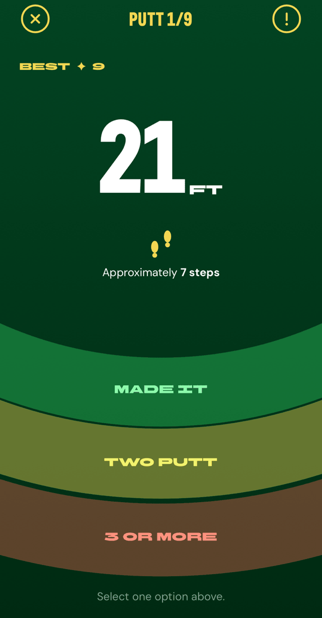 Cut Line putt screen: a 21-foot putt with Made It, Two Putt and 3 or More result bands