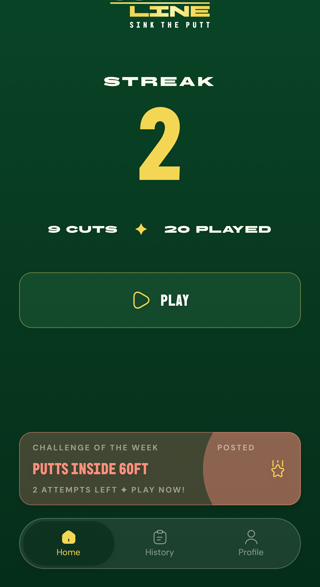 Cut Line home screen: streak of 2, nine cuts made in twenty rounds played