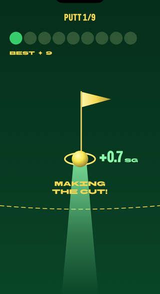 Cut Line post-shot screen: the ball rolling toward the hole, plus 0.7 strokes gained, making the cut