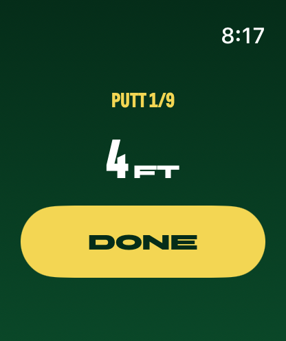 Apple Watch showing putt 1 of 9, four feet, with a Done button